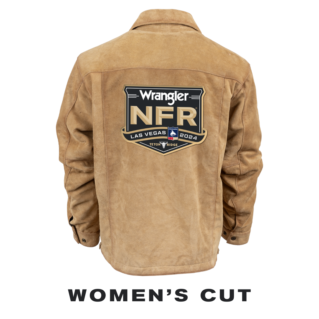 Tan suede jacket with ’Wrangler NFR Las Vegas’ logo on the back.