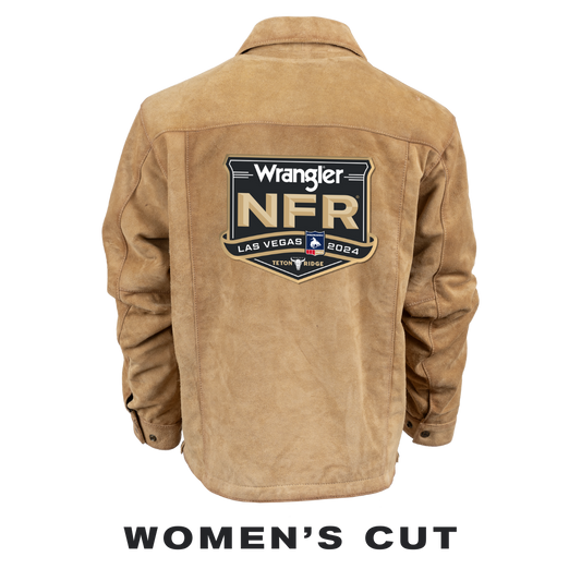 Tan suede jacket with ’Wrangler NFR Las Vegas’ logo on the back.