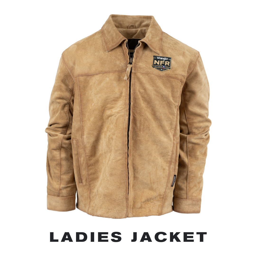 Tan suede zip-up jacket with a collar and ’NFR’ logo patch.