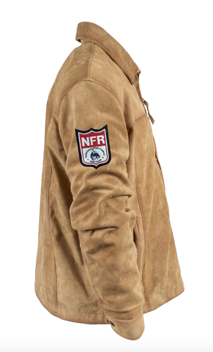 Tan suede jacket with an NFL logo patch on the sleeve.