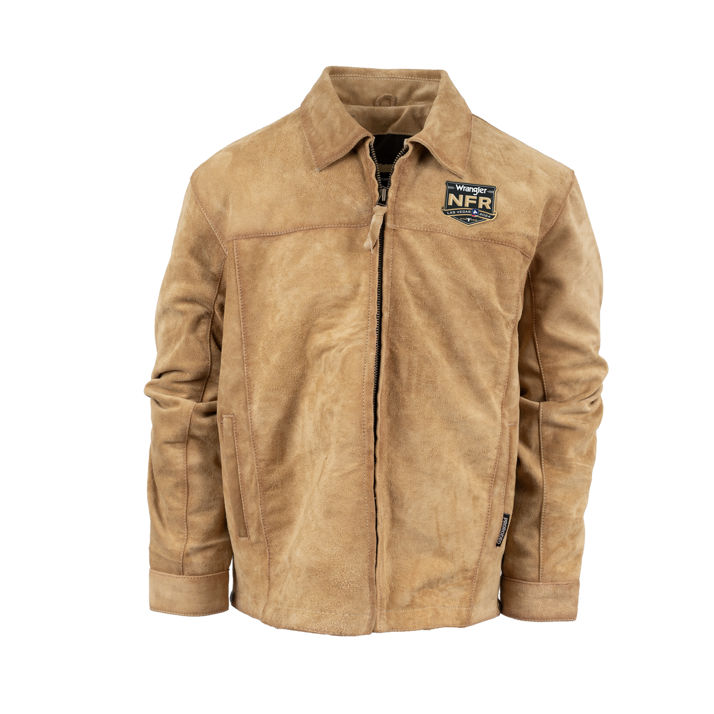 Tan suede jacket with a zippered front and collar.