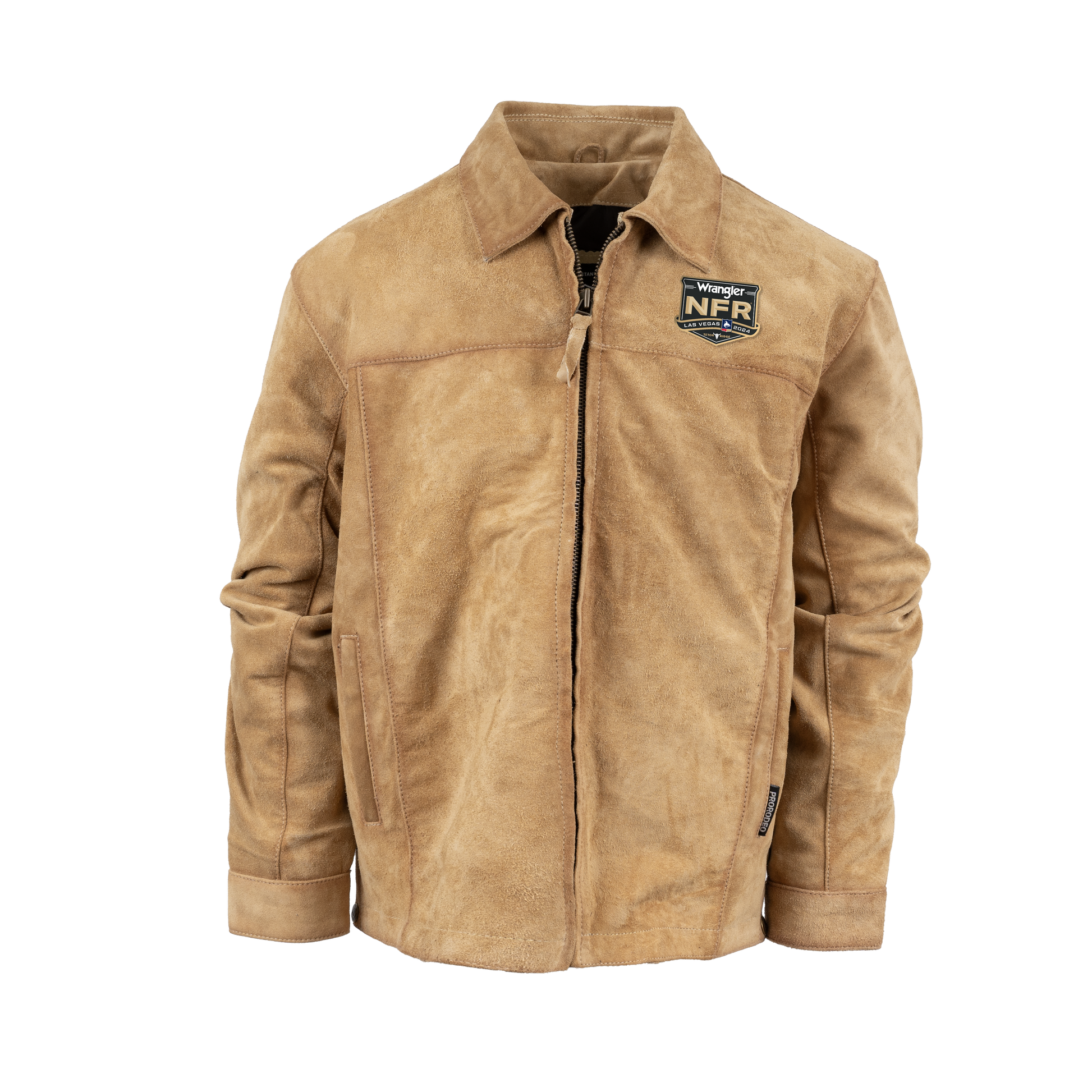 Tan suede jacket with a zippered front and collar.