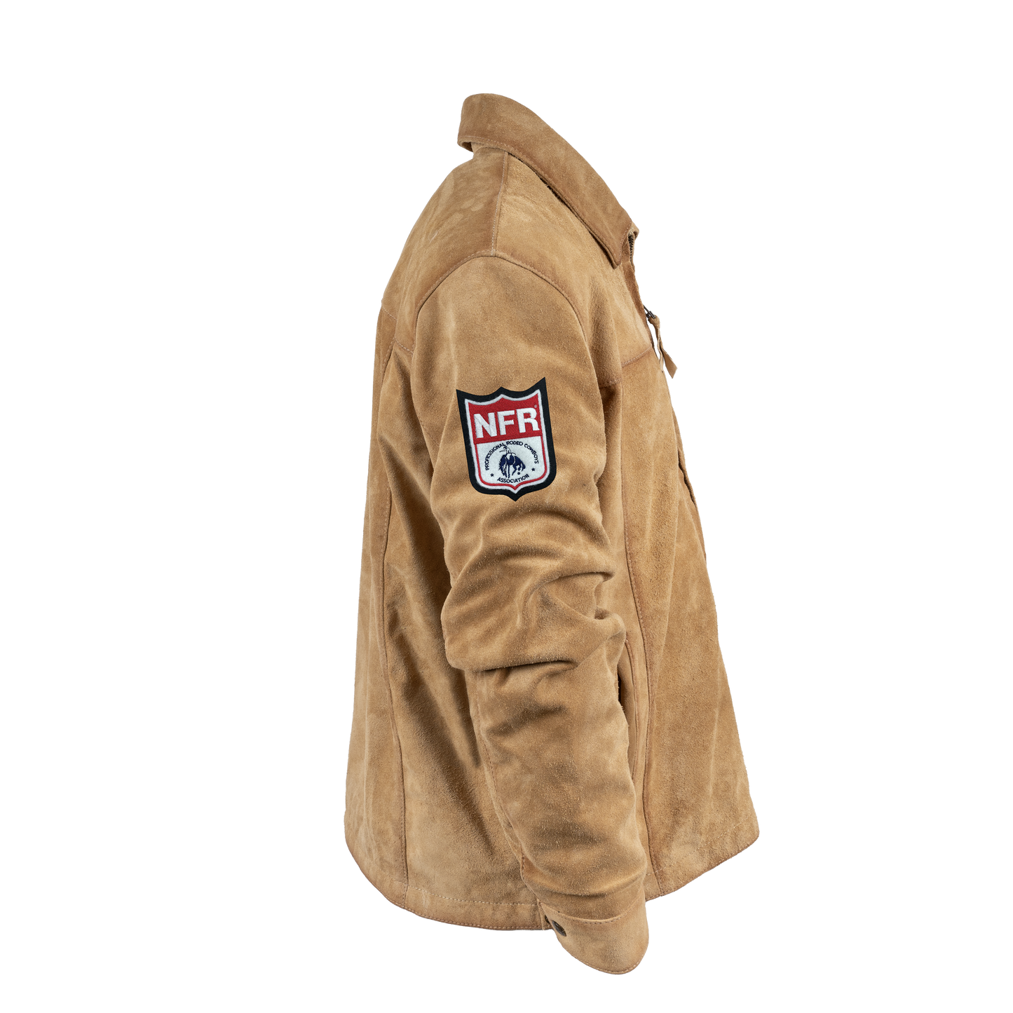 Tan fleece jacket with an NFL logo patch on the sleeve.